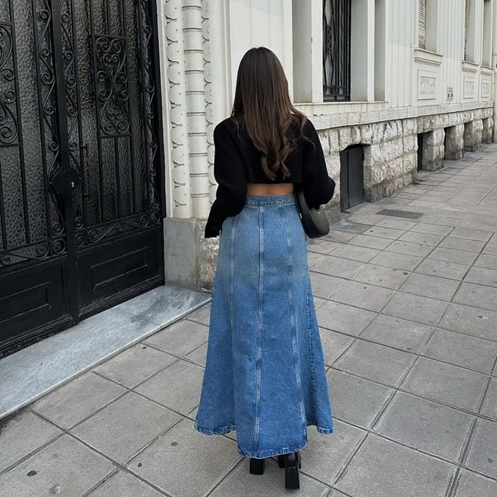 ZARA * HIGH-WAIST ZW LONG DENIM SKIRT FLARED FADED BLUE BLOGGER - Picture 3 of 16